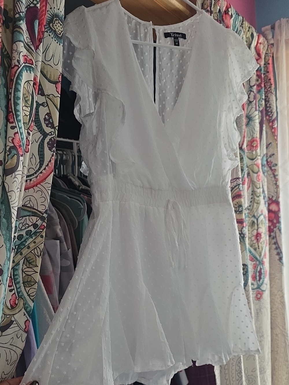 Trixxi White Swiss Dot Romper with Ruffle Sleeves